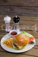 Burger, french fries, sauce in plate