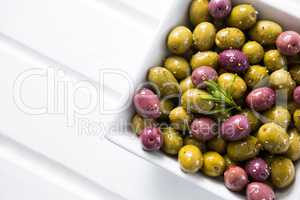 Close-up of marinated olives in bowl