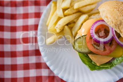 Overhead view of cheeseburger