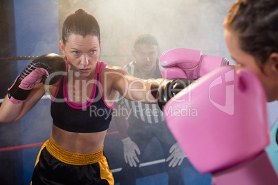 Female athletes fighting in boxing ring