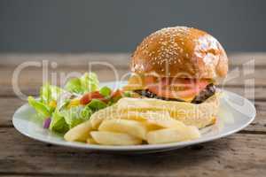 Close up of burger and french fries with vegetables