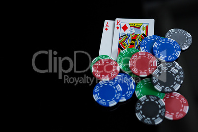 High angle view of chips and cards