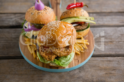 High angle view of various burgers