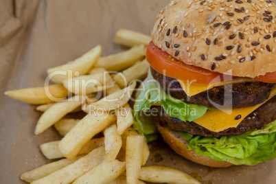 Hamburger and french fries on paper