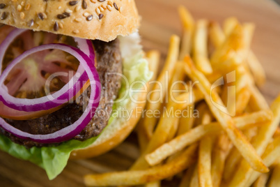 Onion in burger by French fries