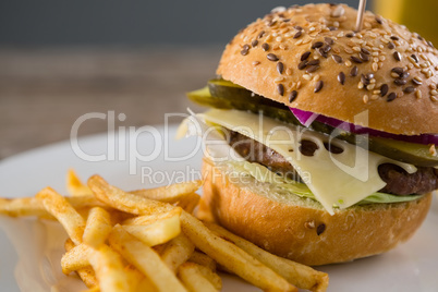 Close up of hamburger with french fries