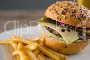 Close up of hamburger with french fries