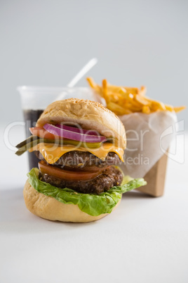 Close up of burger and french fries with drink