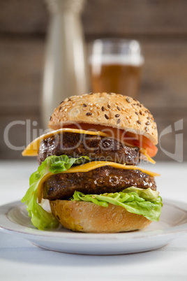 Close-up of hamburger in plate