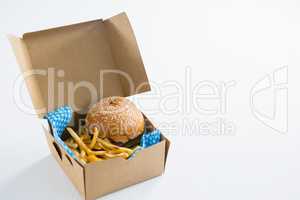 Hamburger with French fries in box