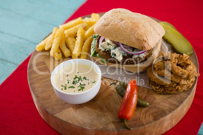 High angle view of various food on cutting board