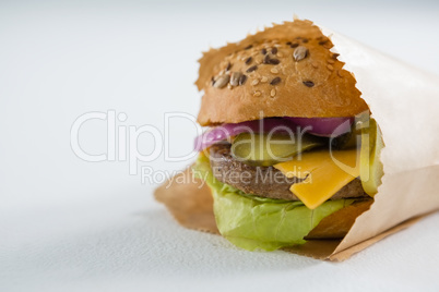 Close up of hamburger in paper bag