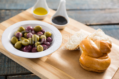 Marinated olives with bread and olive oil