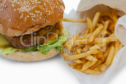 Hamburger and french fries in take away bag