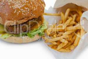 Hamburger and french fries in take away bag