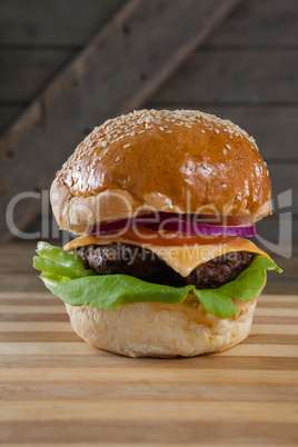 Hamburger on wooden table