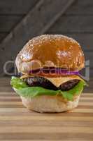 Hamburger on wooden table
