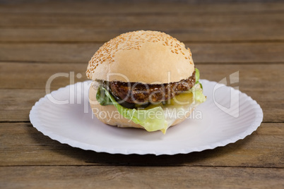 Hamburger in plate on wooden table