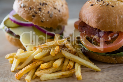 Close up of burgers with french fries