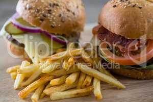 Close up of burgers with french fries