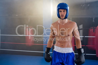 Portrait of confident shirtless boxer wearing protective sportsgear