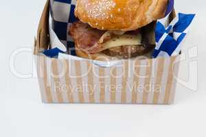 Hamburger in take away container on white background