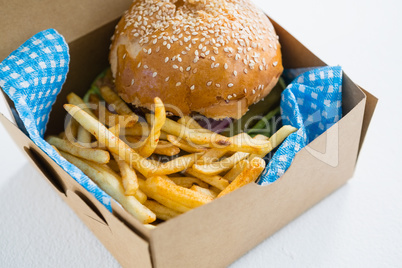 Close up of hamburger with French fries in box