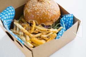 Close up of hamburger with French fries in box