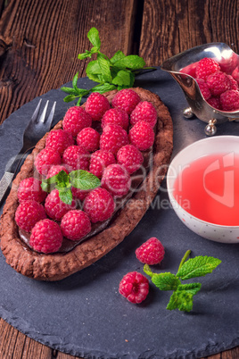 Delicious raspberry chocolate tart with ricotta cheese
