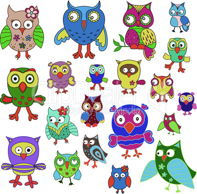 Set of twenty amusing colorful owls