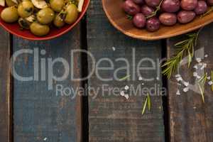 Overhead view of olives in plates