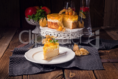 delicious cakes with Physalis, fresh apples and cream