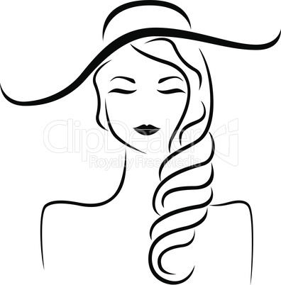 Abstract beautiful dreamy young woman in hat and with closed eyes stylized portrait, vector black outline