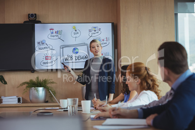 Businesswoman discussing with colleagues over whiteboard during meeting