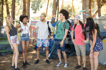 Smiling friends talking while standing at campsite