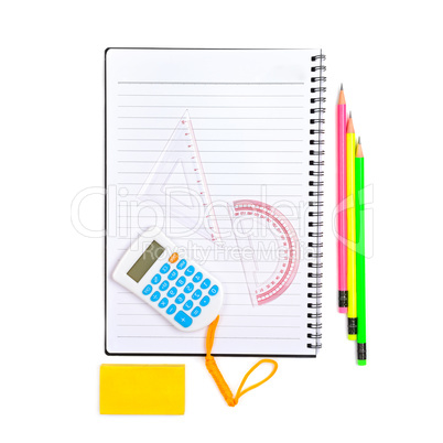 School and office supplies on white background