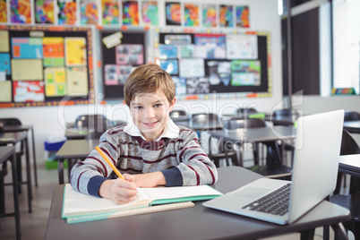 Portrait of smiling elementary schoolboy studying in classroom