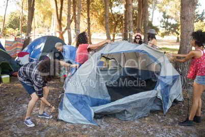 Young friends setting up tents on field