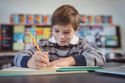 Concentrated schoolboy studying in classroom