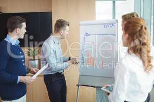 Young businessman discussing over whiteboard with team