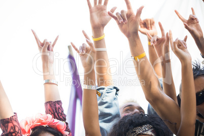 Fans gesturing horn sign with arms raised at music festival