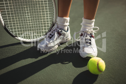 Low section of girl with racket and tennis bal