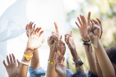 Fans with arms raised at music festival