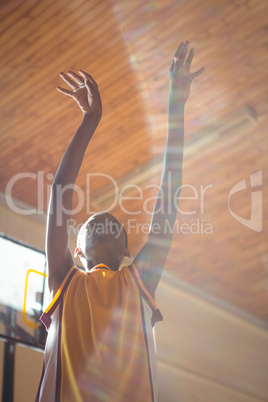 Low angle view of teenage boy in basketball court