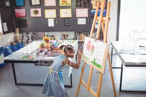 High angle view of focused girl painting on canvas