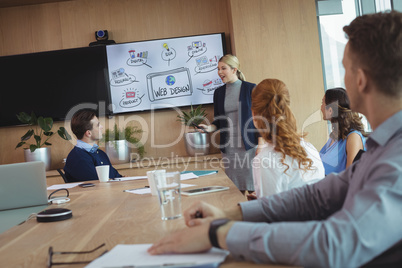 Young businesswoman interacting with colleagues during meeting