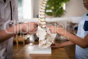 Midsection of female therapist and boy pointing at artificial spine on table