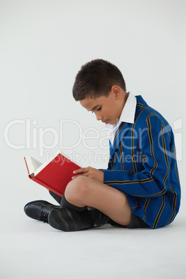 Schoolboy reading book on white background