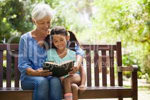 Smiling grandmother reading novel to granddaughter sitting on wooden bench