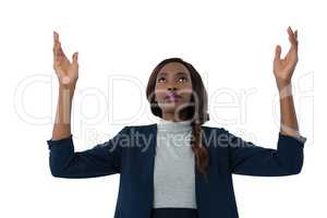Close up of businesswoman looking up while gesturing